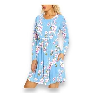 SMALL DB MOON BLUE PINK FLORAL LONG SLEEVE DRESS STRETCH CASUAL